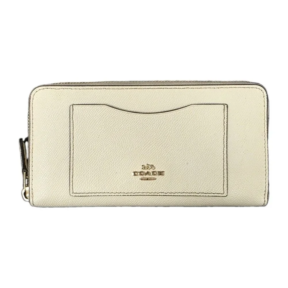 Coach Wallet Pebbled Leather Accordion Gold Metal Zip Around Wallet F54007 Beige